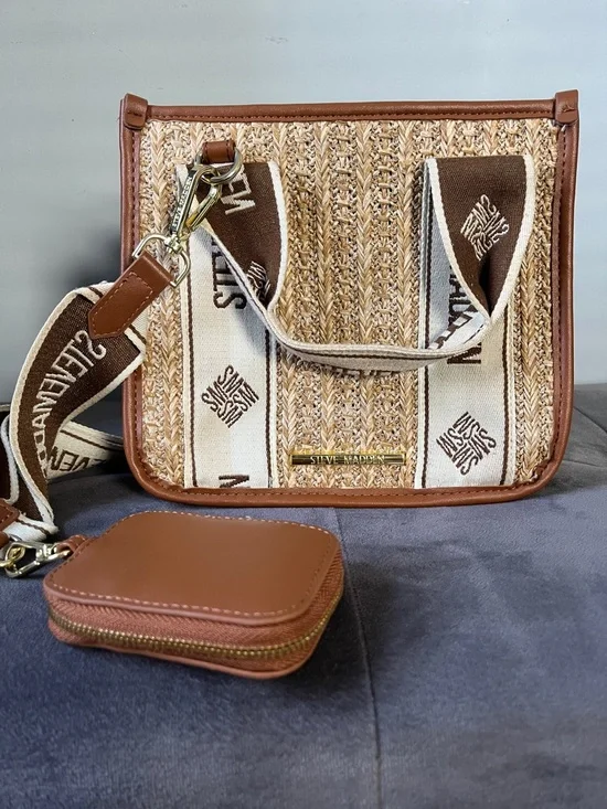 Steve Madden Tan & Cream Woven Crossbody with Branded Canvas Strap - Picture 1 of 7
